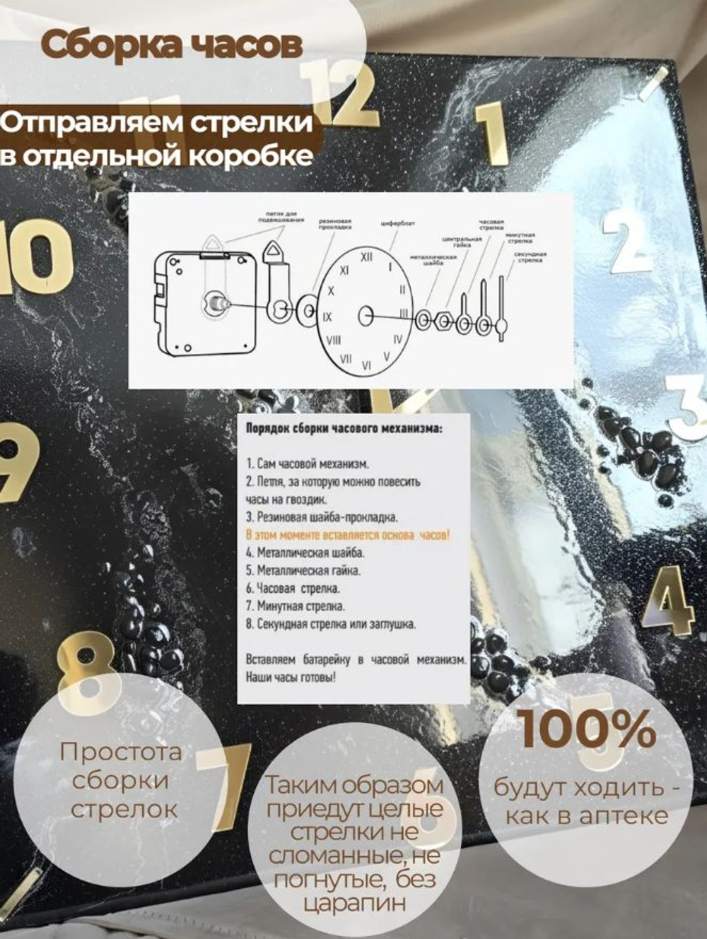 Подарочные часы — эпоксидная смола, мрамор, ручная работа