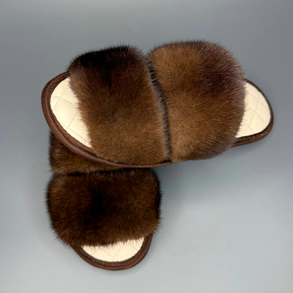 Тапочки для дома из меха норки | Стелька кожа | Орех