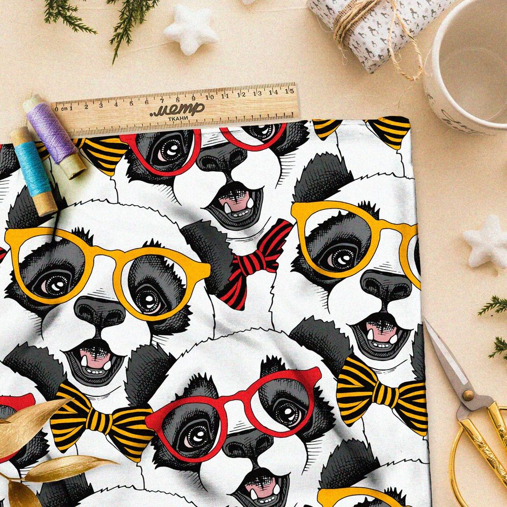 Ткань шифон милые панды в разноцветных цветных очках