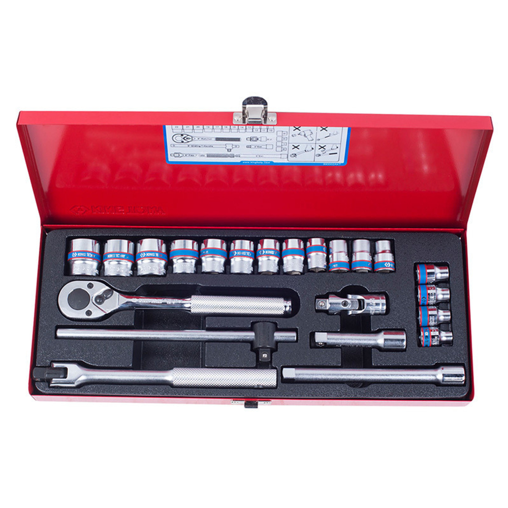 KING TONY (3523MR) Набор торцевых головок с принадлежностями 3/8", 6-гранные, 6-22 мм, 22 предмета