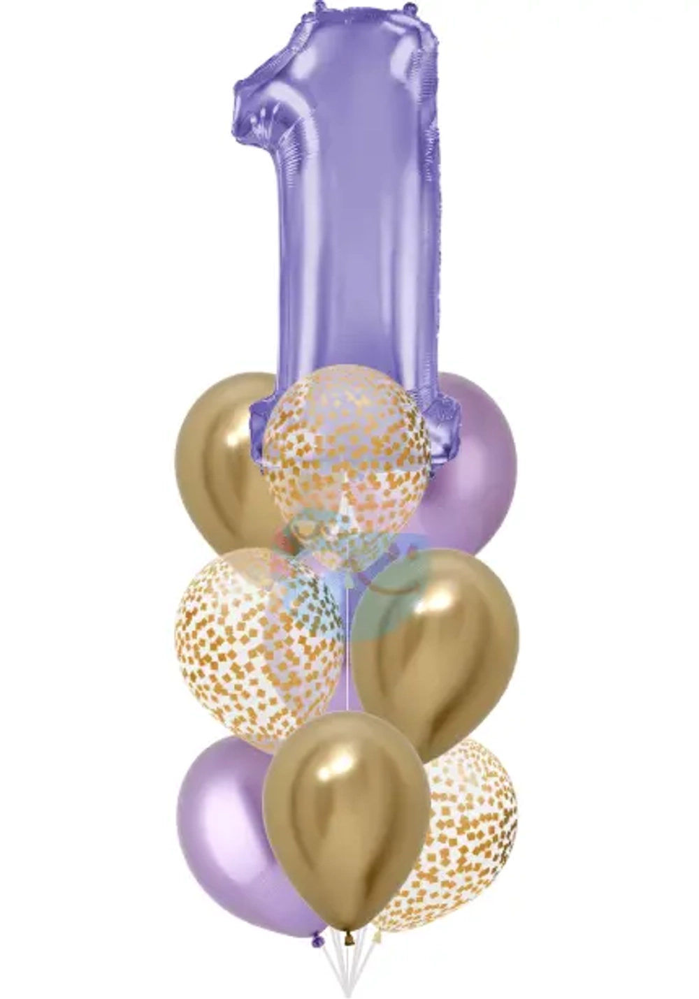 Фонтан c сиреневой цифрой «1» из 10 воздушных шаров с гелием
