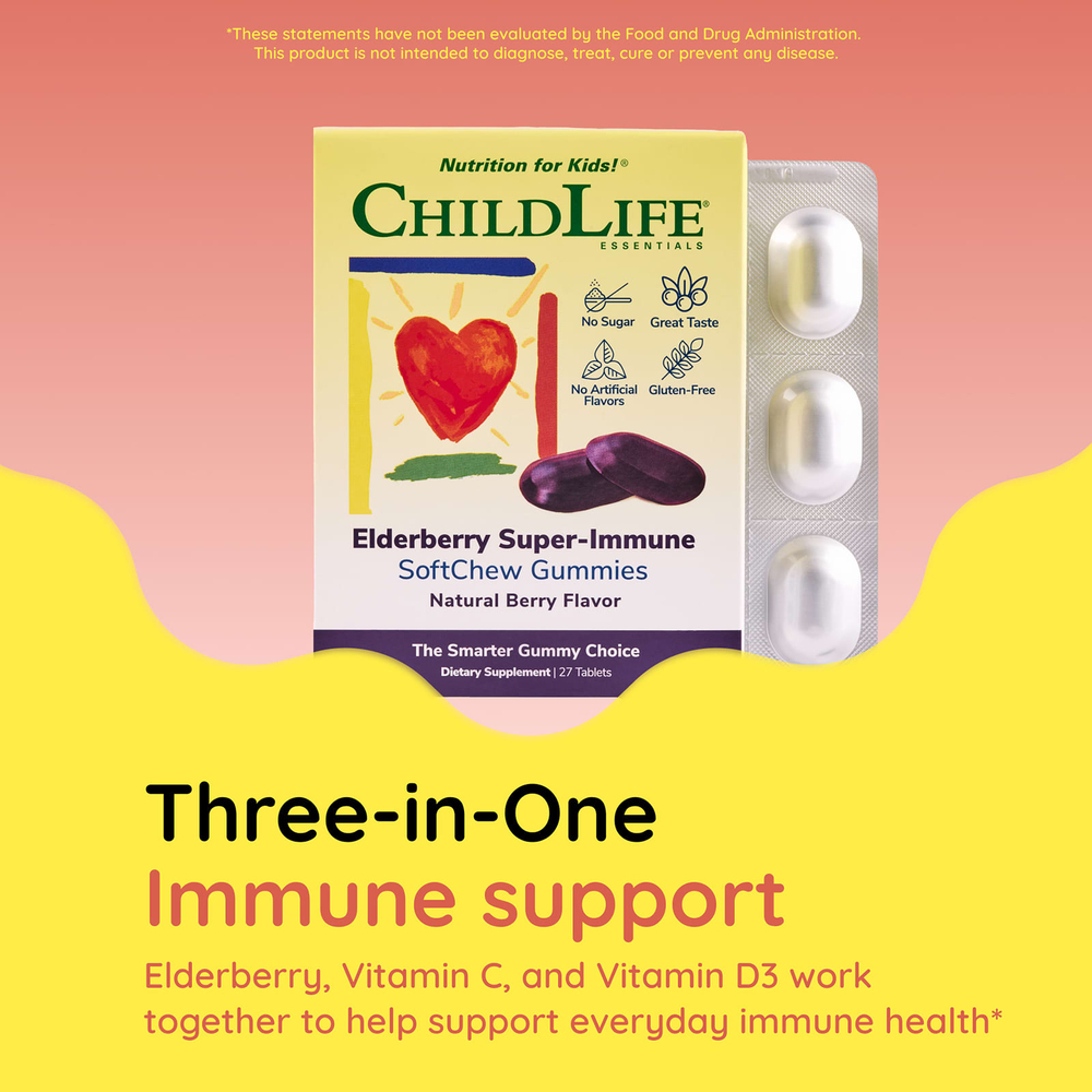 ChildLife Essentials, Super-Immune SoftChew Gummies, жевательные таблетки с бузиной для детей, со вкусом натуральных ягод, 27 таблеток
