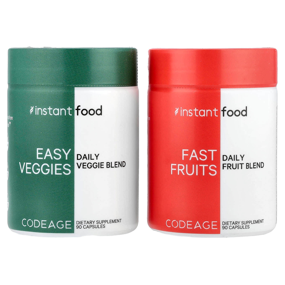 Codeage, Easy Veggies Daily Veggie Blend / Fast Fruits Daily Fruit Blend, 2 бутылки, 90 капсул в каждой