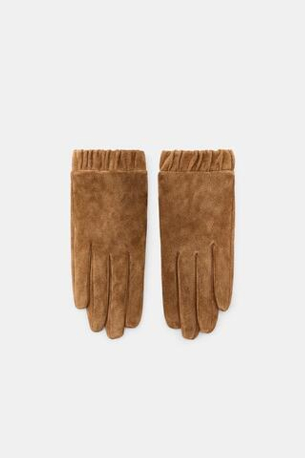 ZARA ПЕРЧАТКИ ИЗ 100% ЗАМШИ СО СБОРКАМИ, РЫЖЕВАТО-КОРИЧНЕВЫЙ