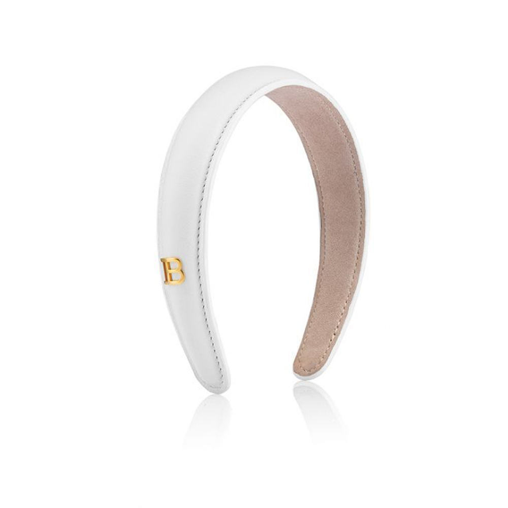 Balmain Hair Couture Ободок белый кожаный с буквой B Limited Edition White Leather Puffed Headband FW24