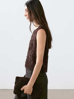 Massimo Dutti Топ из кружева кроше ажурной вязки с цветочным принтом, коричневый