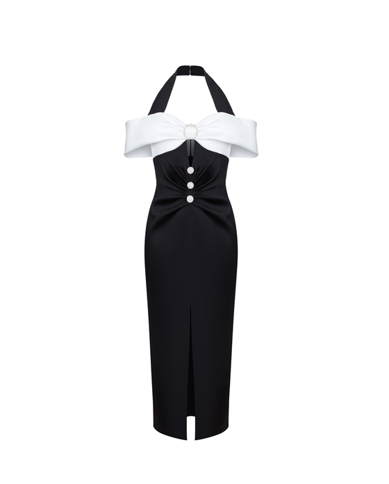 Платье миди из сатина с вырезом драпированное с пряжкой и пуговицами