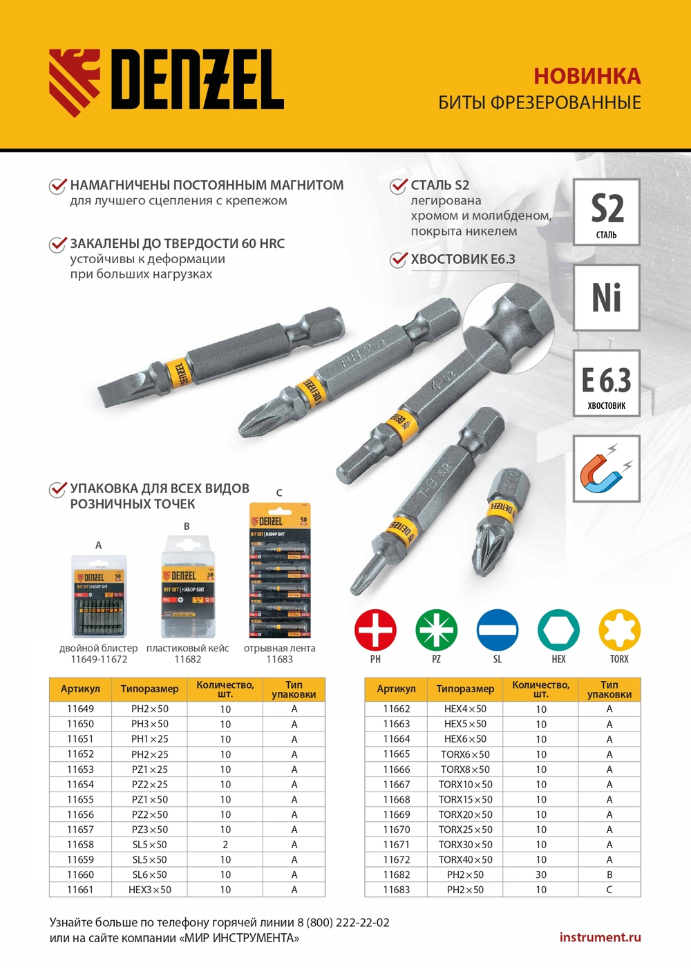 Бита PZ1х50, сталь S2, шестигранный профиль, 10 шт. Е 6,3 Denzel