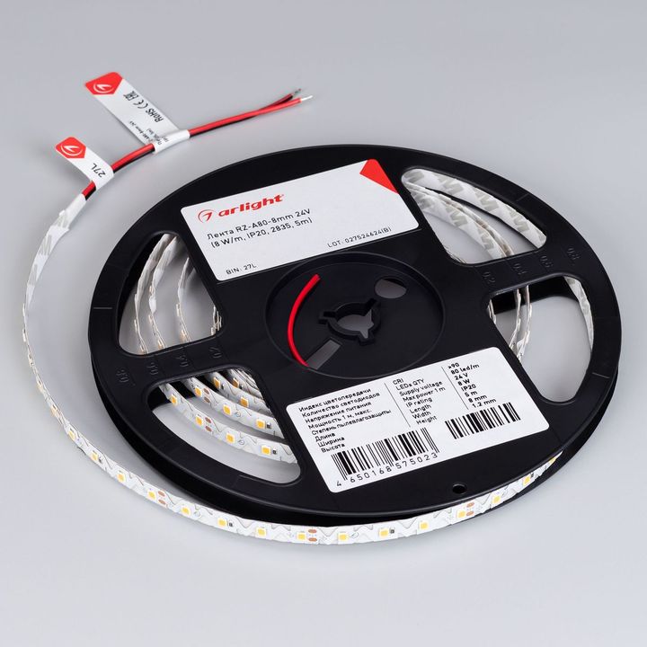 Светодиодная лента Arlight 8W/m 80Led/m 2835SMD теплый белый 5M RZ-A80-8mm 24V Warm3000 046015