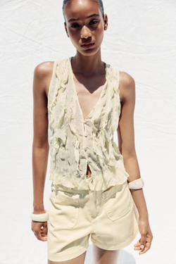 ZARA ТОП ИЗ ПОЛУПРОЗРАЧНОЙ ТКАНИ С ВОЛАНАМИ, СВЕТЛО-ЖЕЛТЫЙ