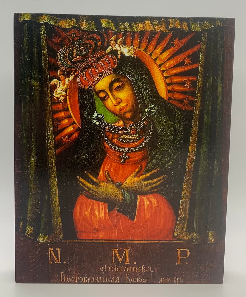Икона Божией Матери Остробрамская Виленская, 1847 г, на доске прямая печать по левкасу ручная работа  доска, 13*16,5 см