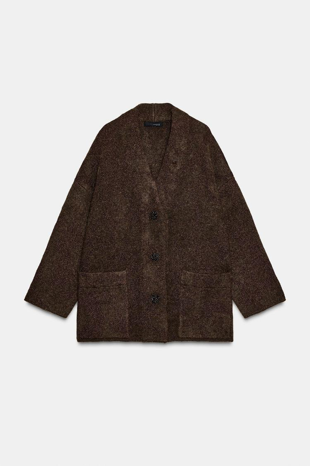 ZARA ЖАКЕТ ИЗ ТРИКОТАЖА С БЛЕСТЯЩЕЙ НИТЬЮ, КОРИЧНЕВЫЙ