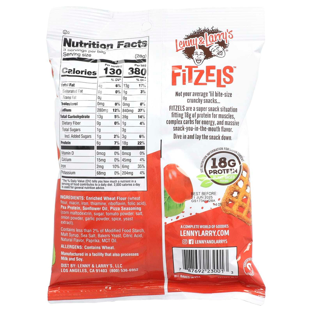 Lenny & Larry's, Fitzels ™, протеиновые крендели с пиццей Palooza, 8 пакетиков по 85 г (3 унции)