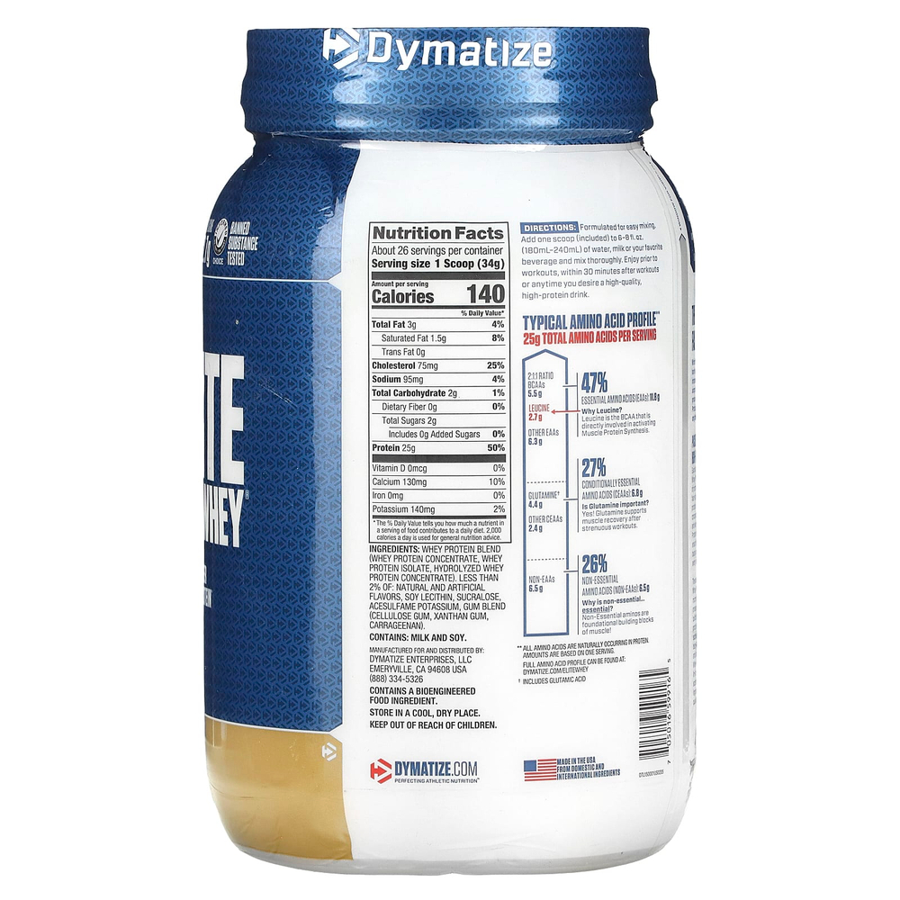 Dymatize, Elite 100%, сывороточный протеин в порошке, вкус ванили, 907 г (2 фунта)