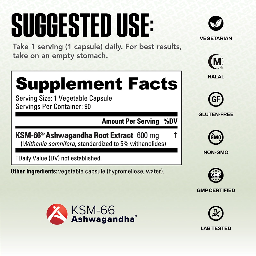 NutraBio, Ашваганда KSM-66, 600 мг, 90 растительных капсул