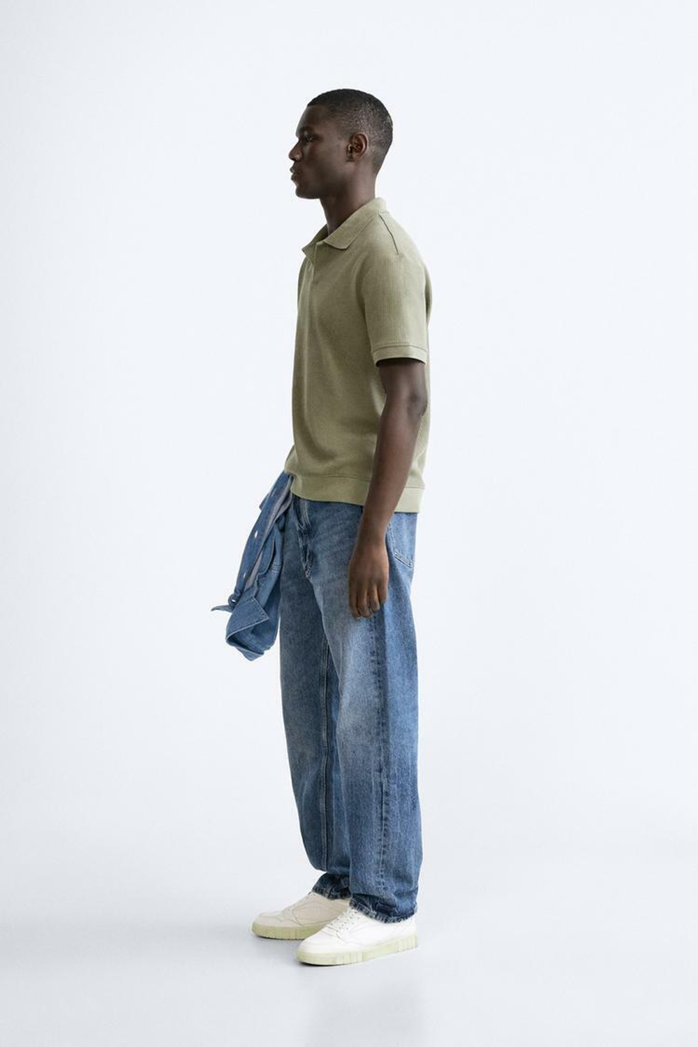 ZARA ПОЛО ИЗ РЕЛЬЕФНОЙ ТКАНИ, СВЕТЛЫЙ ХАКИ