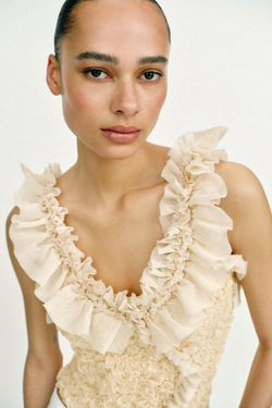 ZARA РОМАНТИЧЕСКИЙ ТРИКОТАЖНЫЙ ТОП КОМБИНИРОВАННОГО КРОЯ, ТЕЛЕСНО-РОЗОВЫЙ