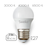 Лампа светодиодная Sweko LED, 7W60, тип А "груша", E27, 4000К, холодный свет, 25000ч
