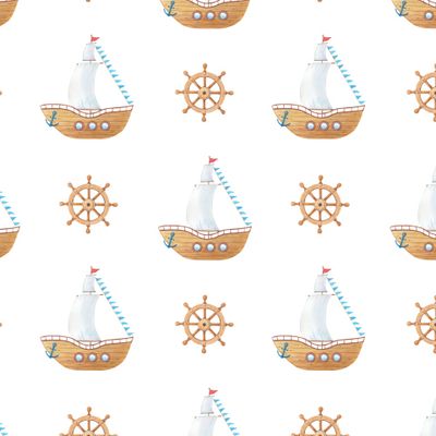 Деревянный кораблик и штурвал