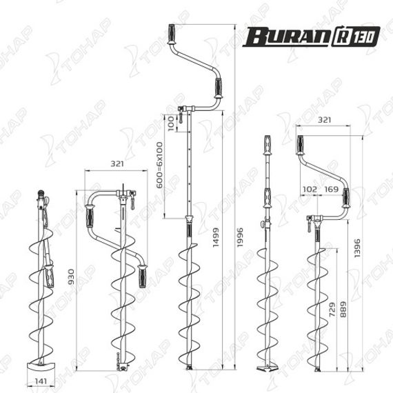 Ледобур BURAN 130R правое вращение, цельнотянутый шнек (LB-130R) Тонар