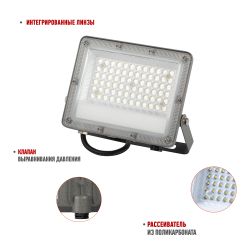 Прожектор светодиодный уличный ЭРА PRO LPR-063-0-65K-050 50Вт 6500K КСС Г 90° IP65 серый поликарбонат гарантия 3 года | Прожекторы PRO