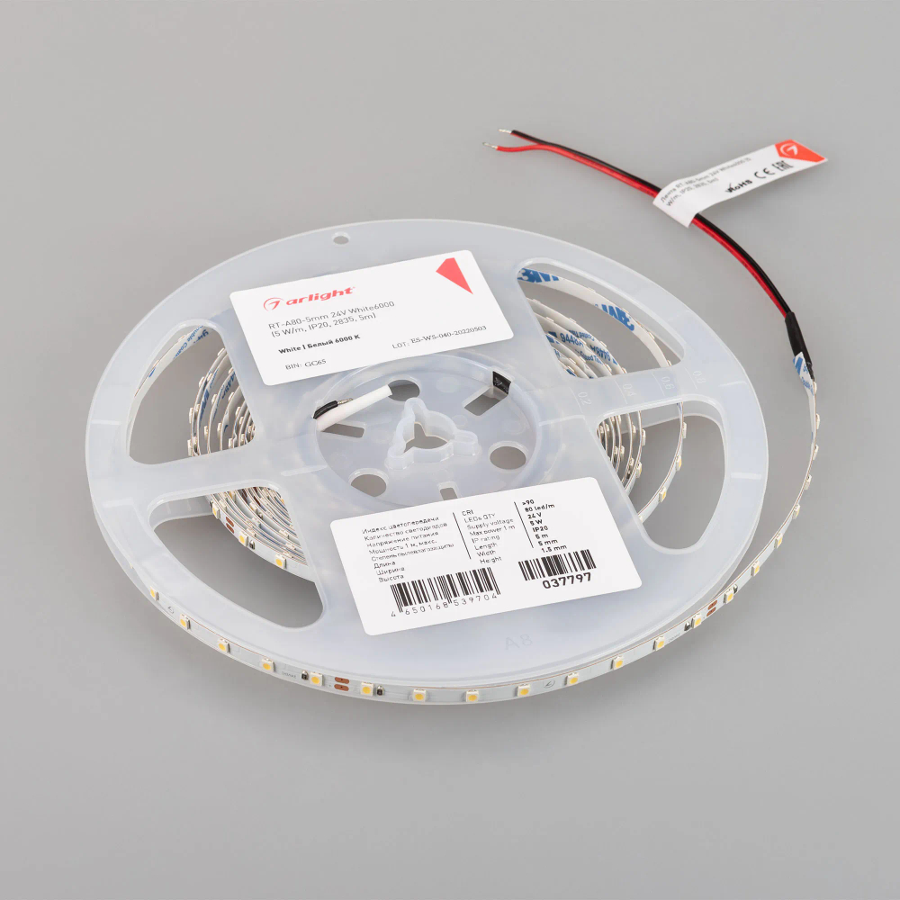 Светодиодная лента RT-A80-5mm 24V White6000 (5 W/m, IP20, 2835, 5m) (Arlight, Открытый) 037797