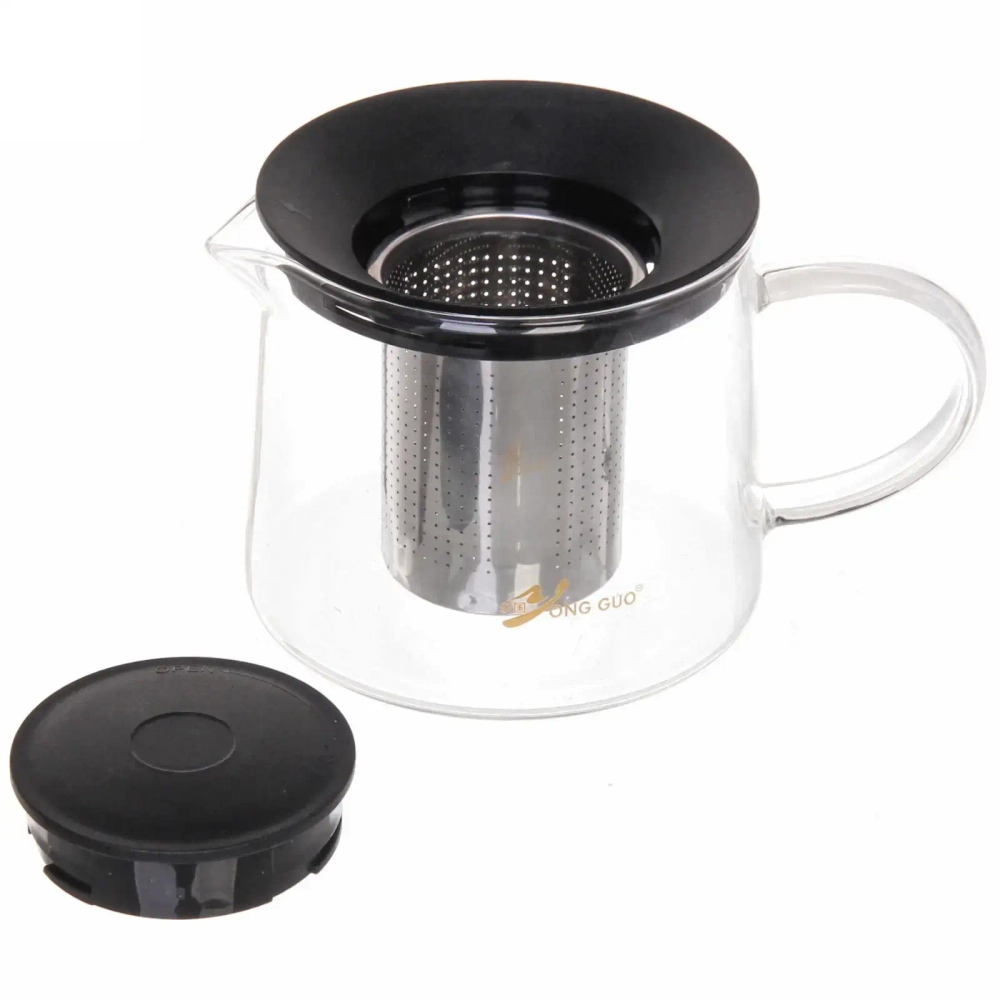 Чайник заварочный стеклянный 600мл «Хай-Тек» с металлическим ситом и пластиковой крышкой Селфи