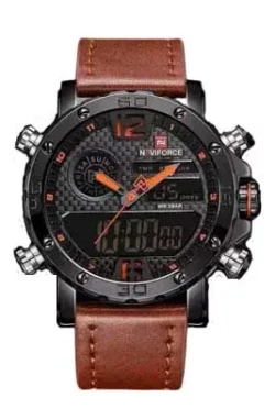 Часы наручные кварцевые NAVIFORCE на кожаном ремешке, черный/коричневый W8710-01