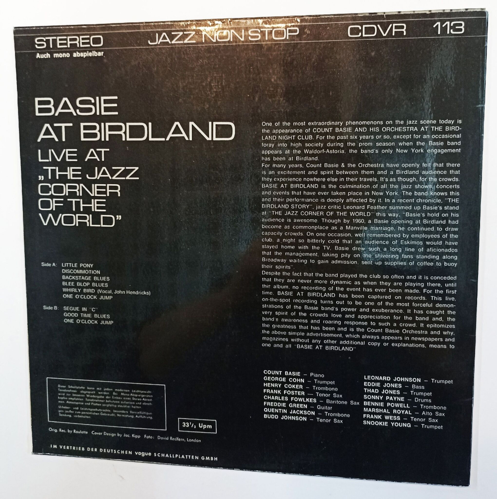 Винтажная виниловая пластинка Count Basie Live At The Jazz Corner Of The World - Basie At Birdland (Germany 1970)