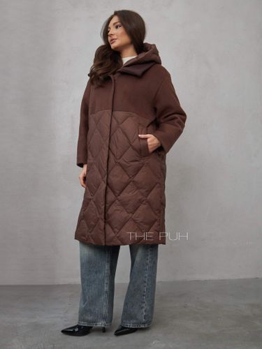 Удлиненная куртка-пальто шоколадного цвета с капюшоном