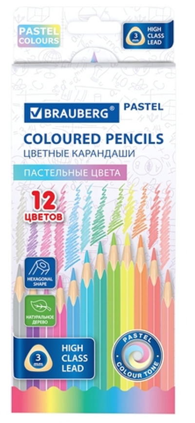 Карандаши 12цв. "Pastel" дерево, трехгарные (Brauberg)