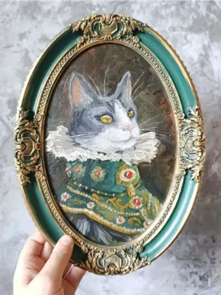 Картина маслом в овальной рамке Кот