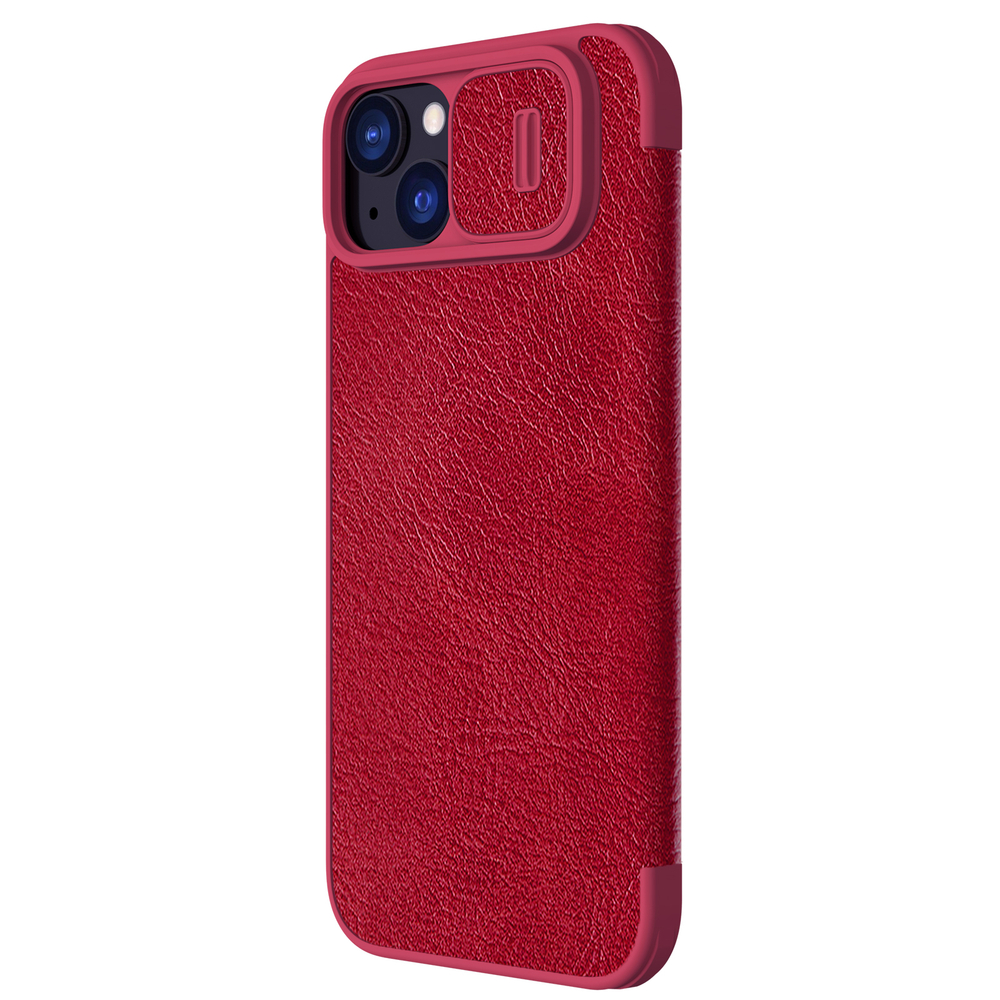 Кожаный чехол книжка красного цвета от Nillkin для смартфона iPhone 15, серия Qin Pro Leather с защитной шторкой для камеры