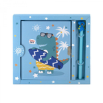 Записная книжка в футляре 21,0 см * 21,0 см , 7БЦ, Alingar, ламинация, ручка, замочек, 45 л., клетка, "Веселый дино", голубой