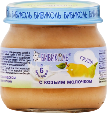 БИБИКОЛЬ фруктово-молочное пюре «Груша с козьим молочком» гомогенизированное, стерилизованное, для питания детей с 6 мес, стекло 80гр, блок 6шт.