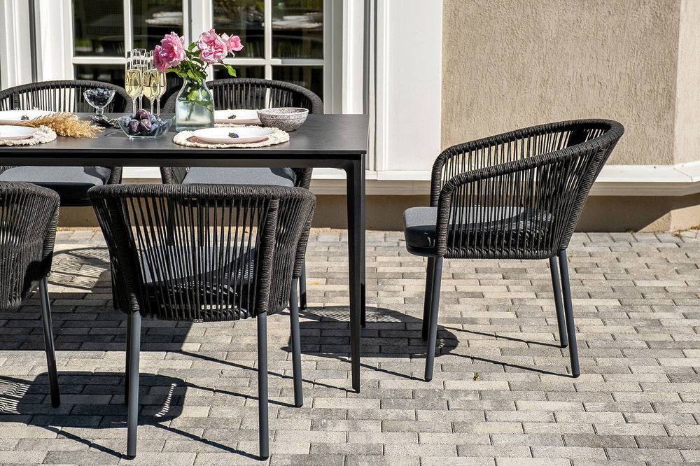 "Малага" обеденная группа на 6 персон со стульями "Марсель", каркас темно-серый, роуп темно-серый