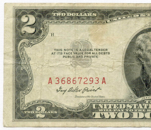Банкнота США 2 доллара 1953 A 36867293 A. F