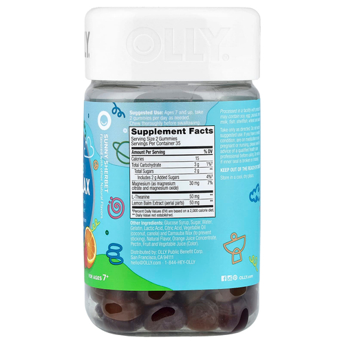 OLLY, Kids Chillax, жевательные таблетки для детей от 7 лет, солнечный щербет, 70 жевательных таблеток