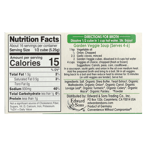 Edward & Sons, Edward & Sons, Garden Veggie, Bouillon Cubes, 8 Cubes