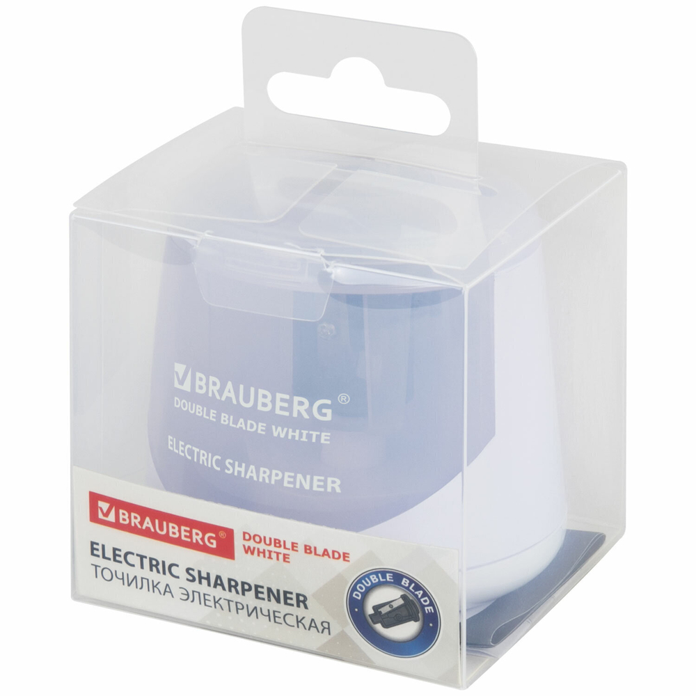 Точилка электрическая BRAUBERG DOUBLE BLADE WHITE двойное лезвие питание от 2 батареек (2 штуки в упаковке)