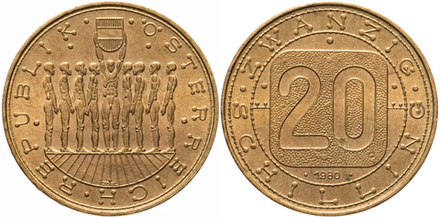 Австрия 20 шиллингов, 1980 Девять провинций Австрии aUNC