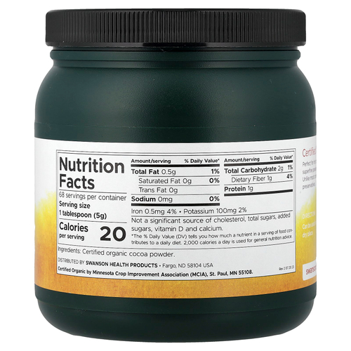 Swanson Vitamins, Сертифицированный органический какао-порошок, несладкий, 340 г (12 унций)