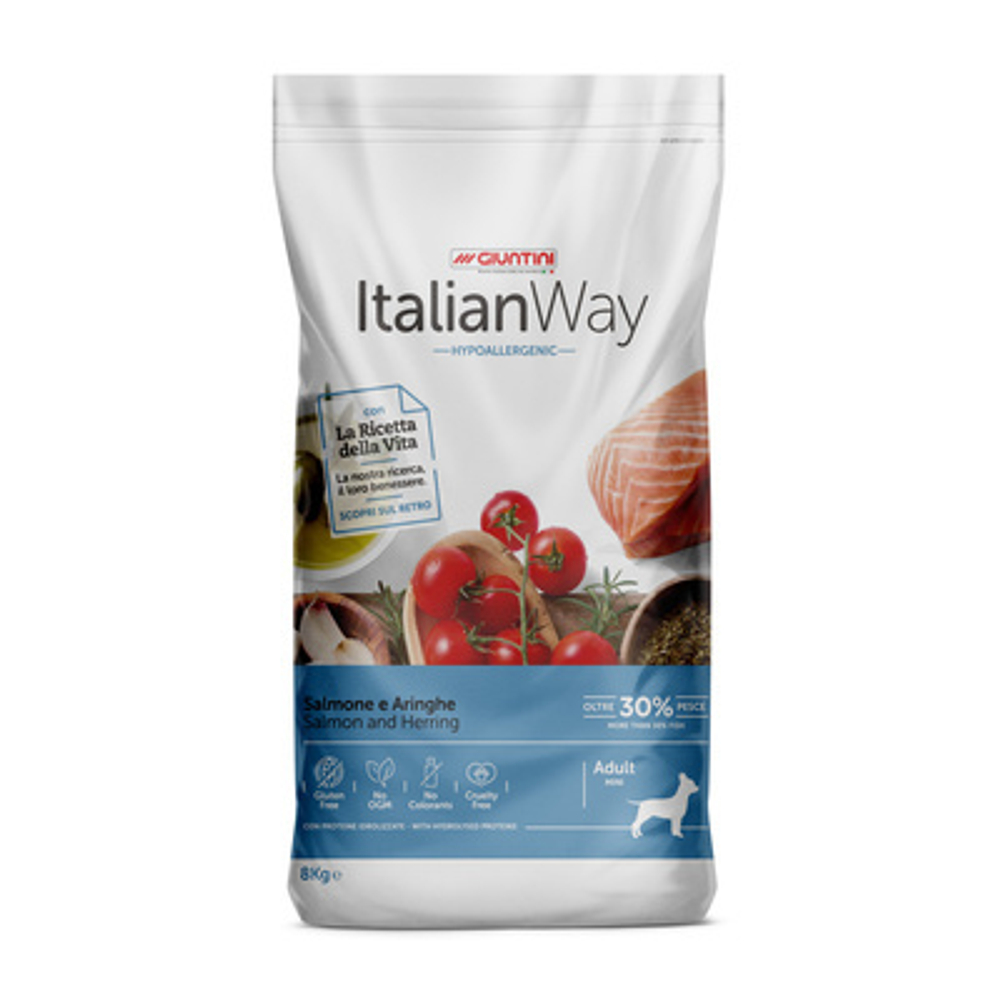Italian Way  корм для собак малых пород с чувствительной кожей, лосось и сельдь (ITALIAN WAY MINI HYPO SALMON/HERRINGS) 8 кг