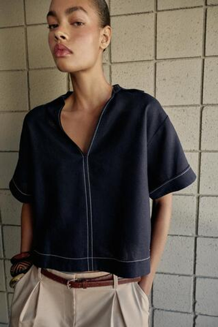 ZARA РУБАШКА ИЗ СМЕСОВОГО ЛЬНА С КОНТРАСТНЫМИ ШВАМИ, МОРСКОЙ СИНИЙ