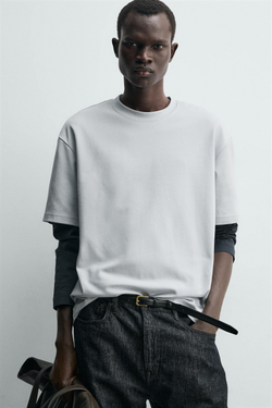 ZARA ФУТБОЛКА RELAXED FIT INTERLOCK, СВЕТЛО-СЕРЫЙ