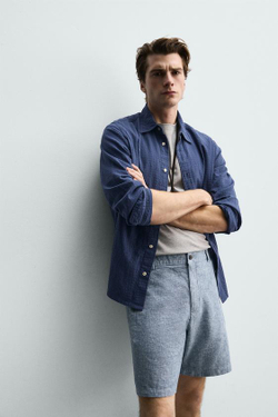 ZARA ШОРТЫ REGULAR FIT ИЗ РЕЛЬЕФНОЙ ТКАНИ, СИНИЙ/БЕЛЫЙ