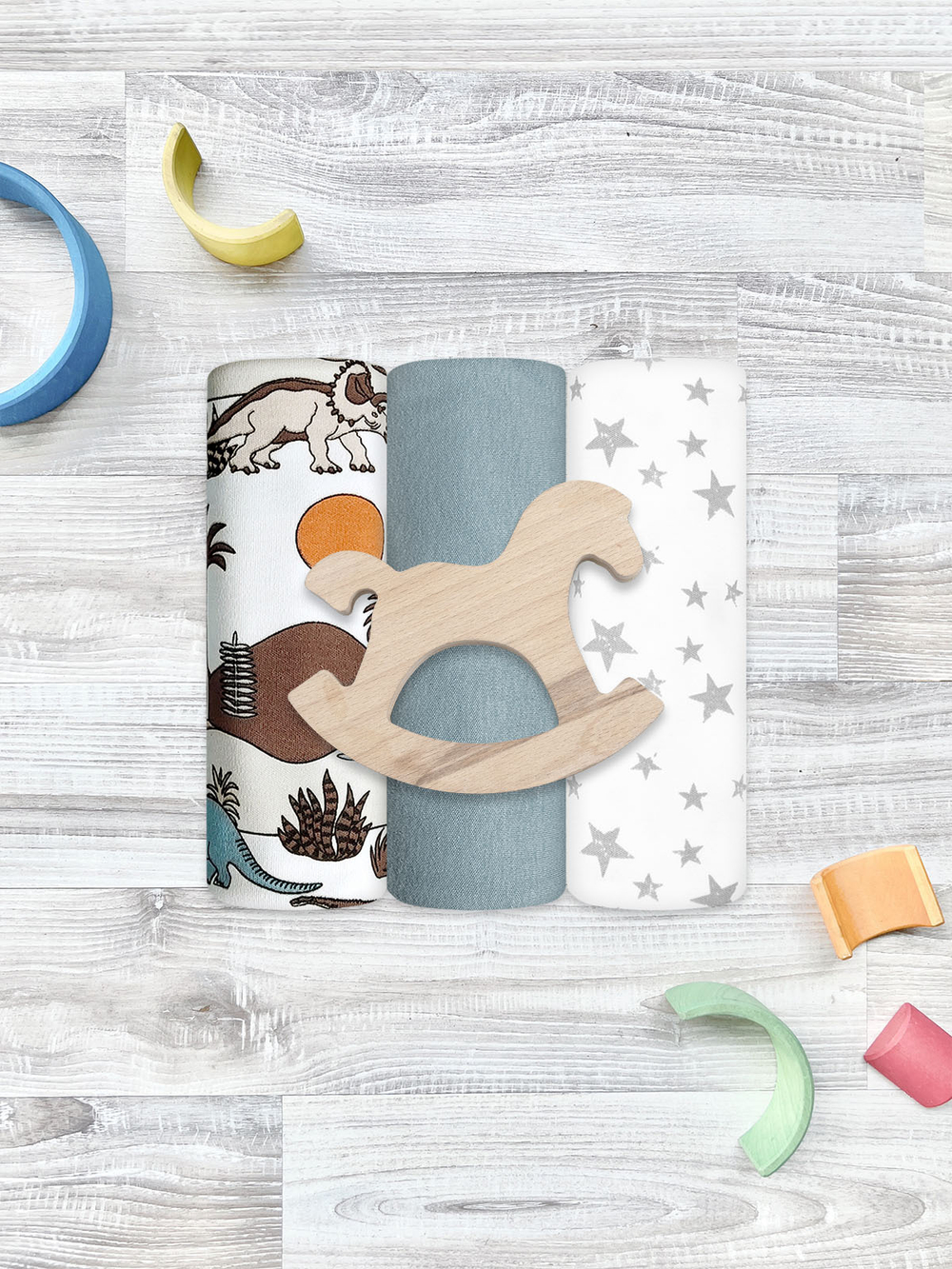 Сет из 3х пелёнок Mjölk Dinoworld/Звёзды/Baby Blue