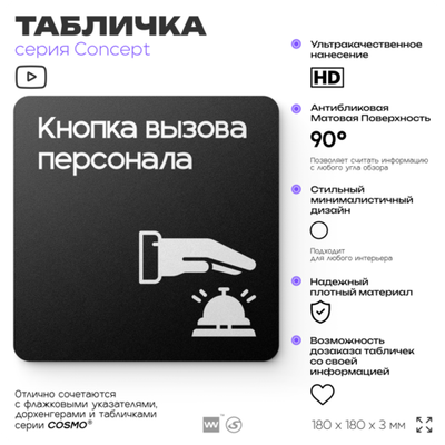 Табличка Кнопка вызова персонала, на дверь и стену, информационная и навигационная, серия CONCEPT, 18х18 см, пластиковая, Айдентика Технолоджи
