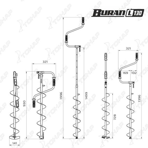 Ледобур BURAN 130L левое вращение, цельнотянутый шнек (LB-130L) Тонар