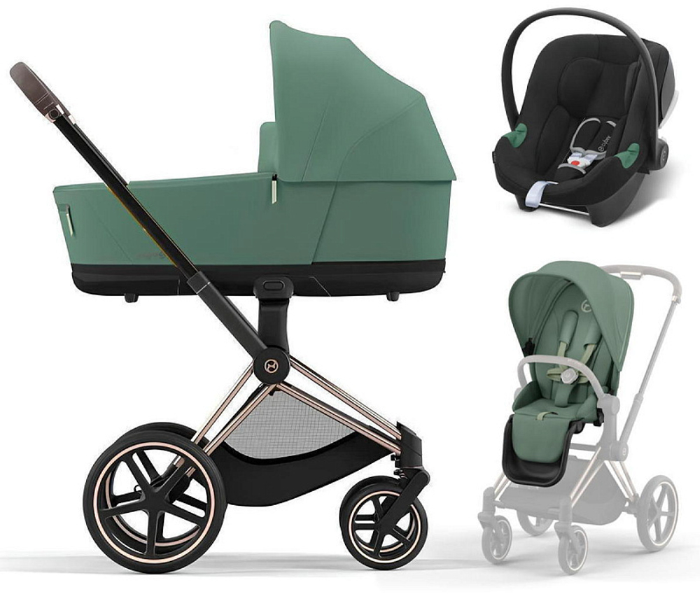 Коляска 3 в 1 Cybex Priam IV Rosegold complete и автокресло Aton B2 i-Size Volcano Black Leaf Green